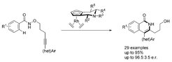 Atroposelective synthesis of 4-arylisoquinolones by RhIII-catalyzed C-H bond activation and intramolecular annulation.